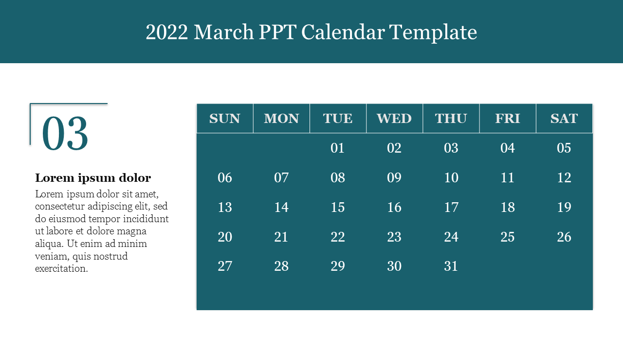Amazing 2022 March PPT Calendar Template